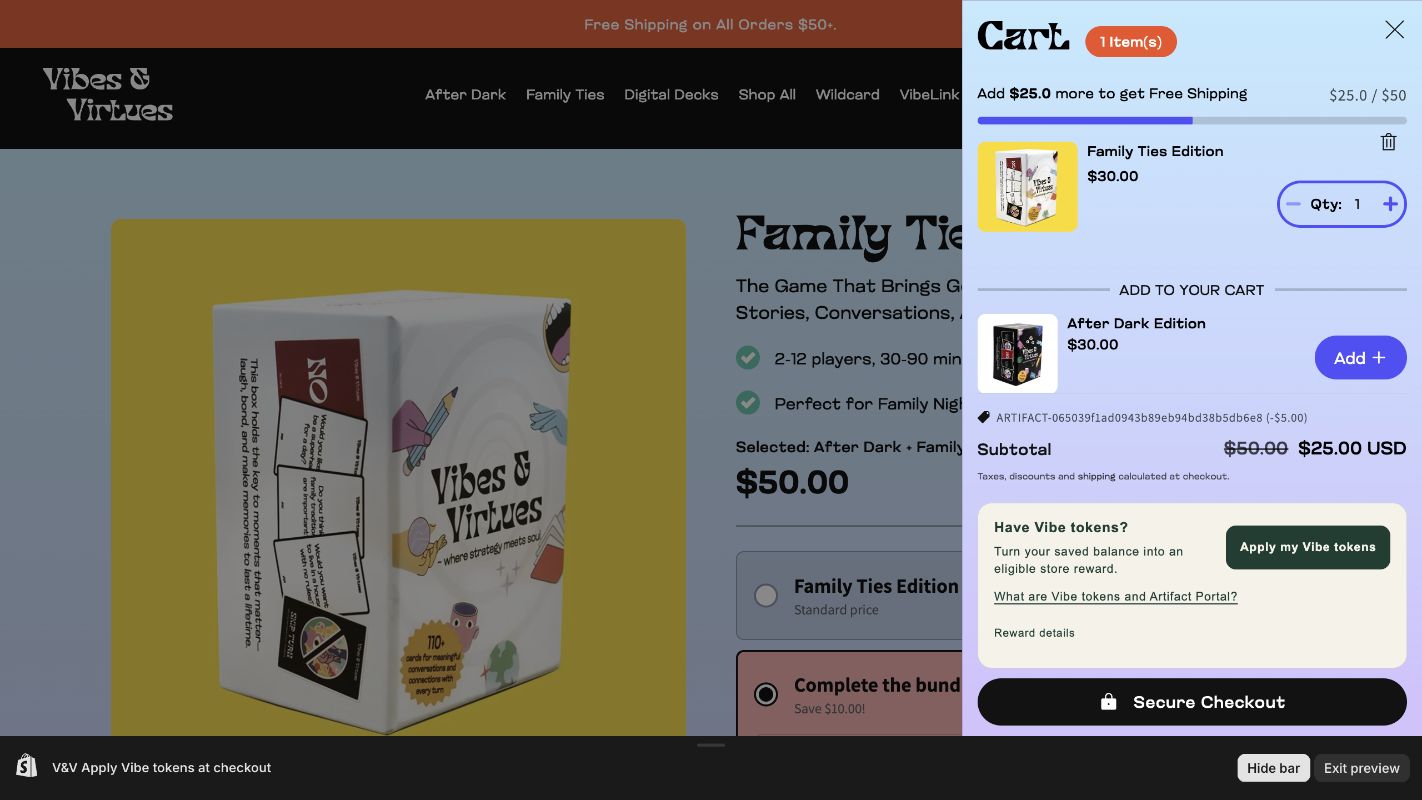 Example Vibes and Virtues cart showing Apply my Vibe tokens and the Artifact Portal learn-more link
